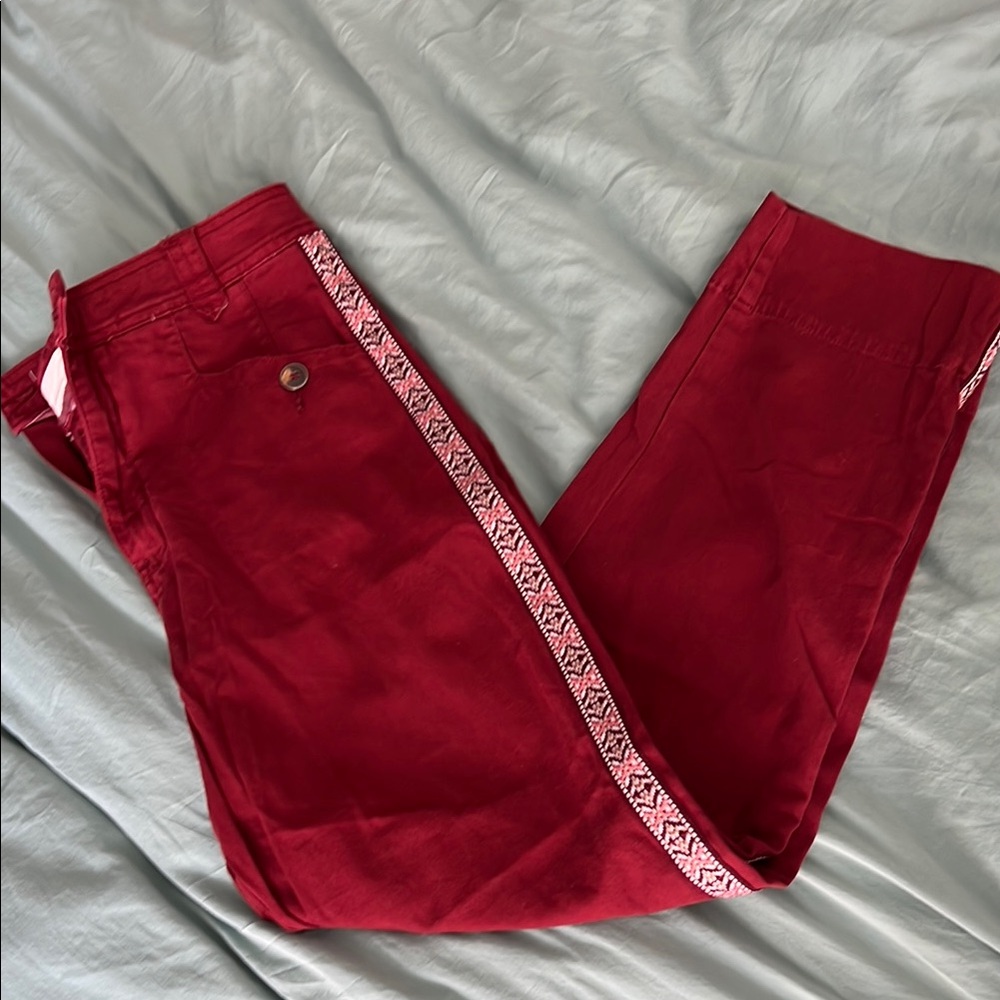 Anthropologie Cropped Red Pants with Patterned Side Stripe 8